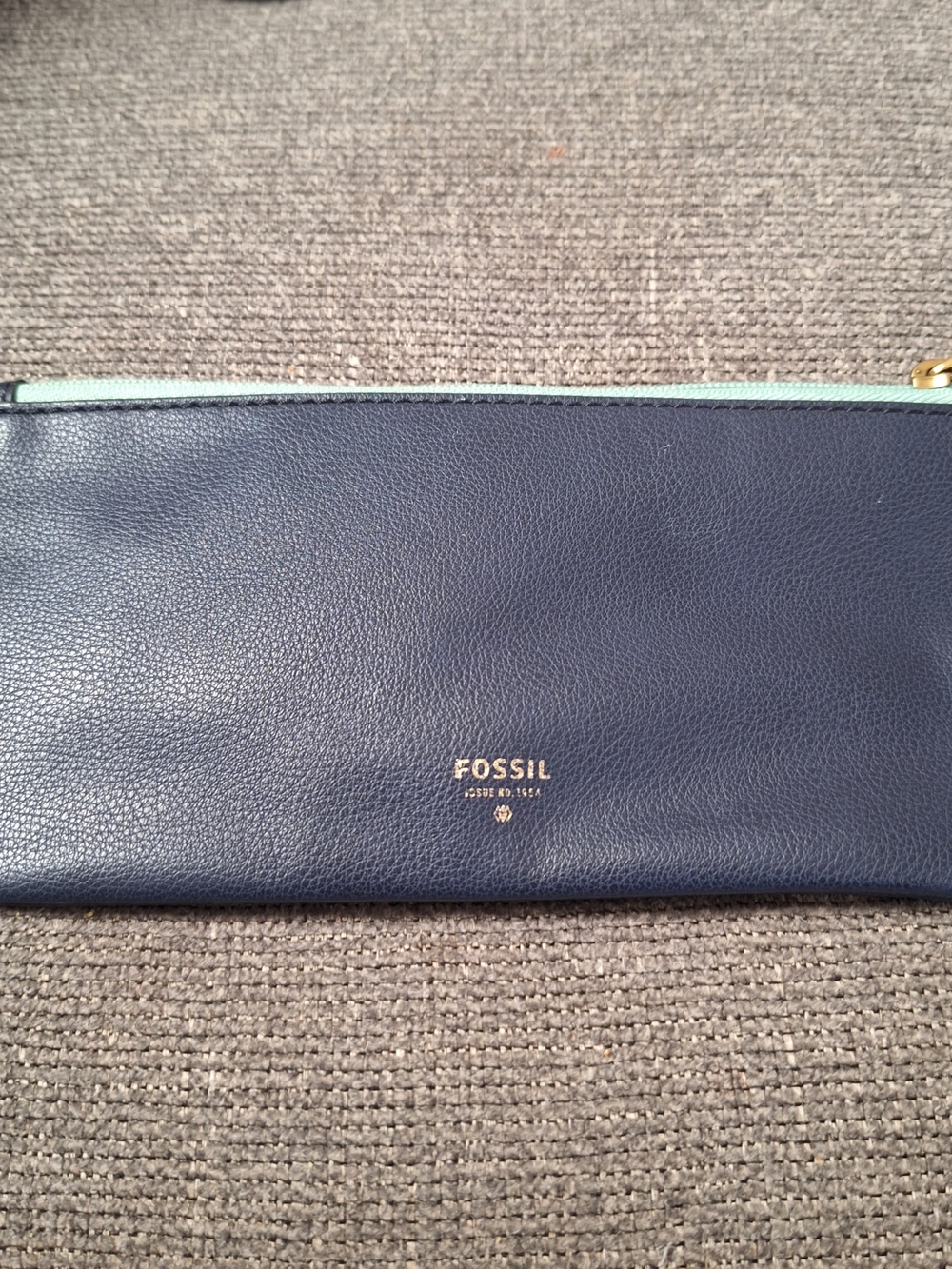 Fossil Navy Leather Zip Clutch with Mint Trim